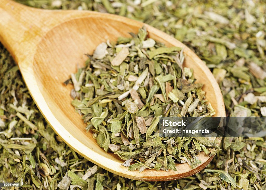 Dried estragon spice and wooden spoon as food background Artemisia Stock Photo