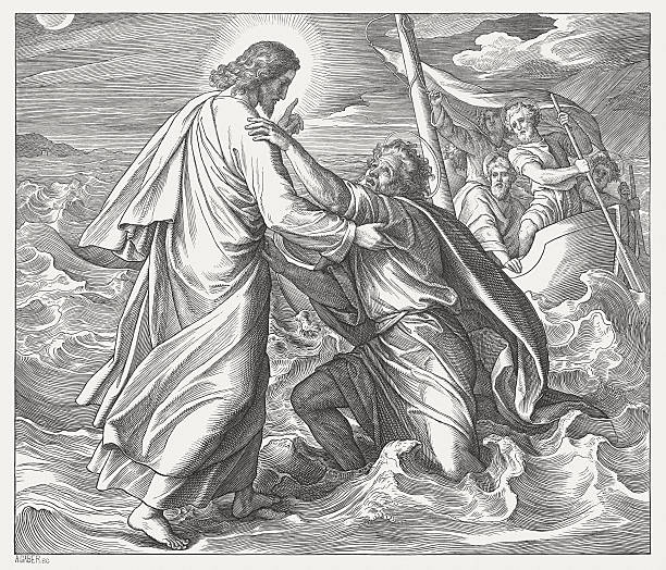 Jesus and the sinking Peter (Matthew 14), published in 1860 Jesus and the sinking Peter on the lake. Wood engraving by Julius Schnorr von Carolsfeld (German painter, 1794 - 1872), published in 1860. peter the apostle stock illustrations