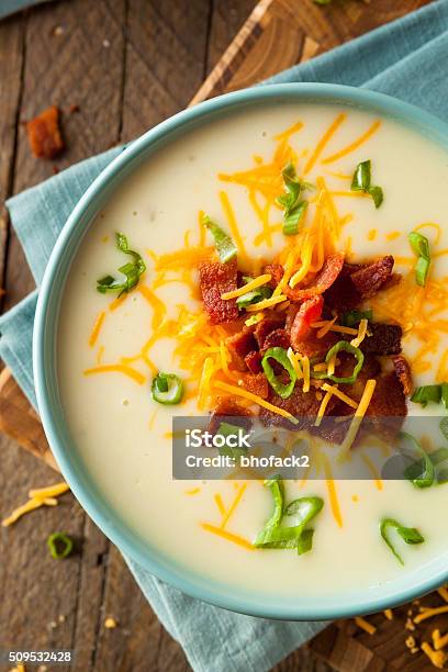 Creamy Loaded Baked Potato Soup Stock Photo - Download Image Now - Appetizer, Bacon, Baked