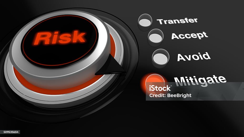 Rotary knob with the word risk turned to mitigate Rotary knob with the word risk in red turned to mitigate with a glowing LED switched on Risk Stock Photo