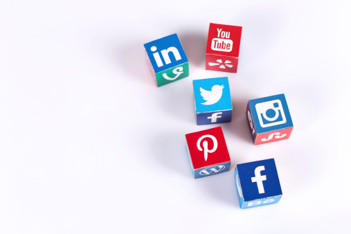 Sakarya, Turkey - August 28, 2014: Social media logos printed on cubes. Logos include Facebook, twitter,instagram, linkedin and google plus. Social media uses web and mobile technology to connect people