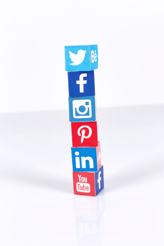 Sakarya, Turkey - August 28, 2014: Social media logos printed on cubes. Logos include Facebook, twitter,instagram, linkedin and google plus. Social media uses web and mobile technology to connect people