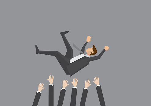 Popular businessman get thrown into the air by coworkers during celebration. Vector illustration for business concept isolated on plain grey background.