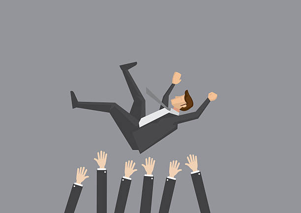 Teammates Toss Businessman in the air for celebration Popular businessman get thrown into the air by coworkers during celebration. Vector illustration for business concept isolated on plain grey background. mosh pit stock illustrations