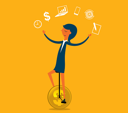 A busy businesswoman juggling and trying to balance on a coin