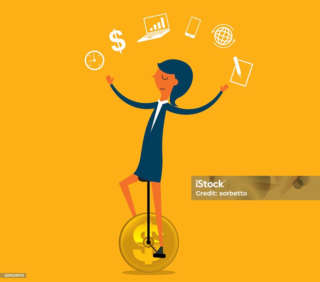 InfoGraphic Juggle A busy businesswoman juggling and trying to balance on a coin Juggling stock vector