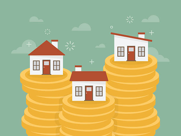 Real estate Real estate. House on stack of coins. Flat design business concept illustration. housing development stock illustrations