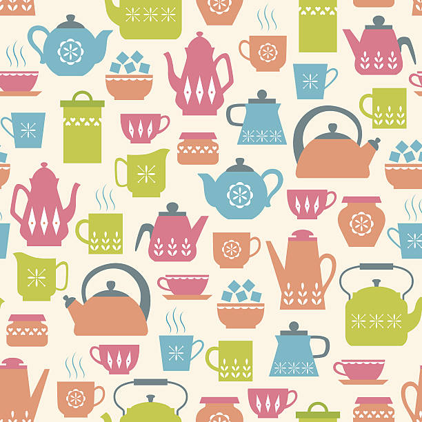 Tea time pattern Seamless pattern with cute tea things. sugar bowl crockery stock illustrations