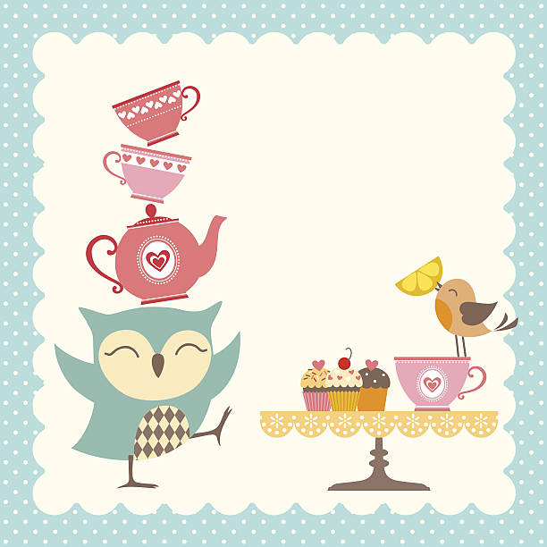 Owl tea time Funny owl giving a very good tea party. tea set stock illustrations