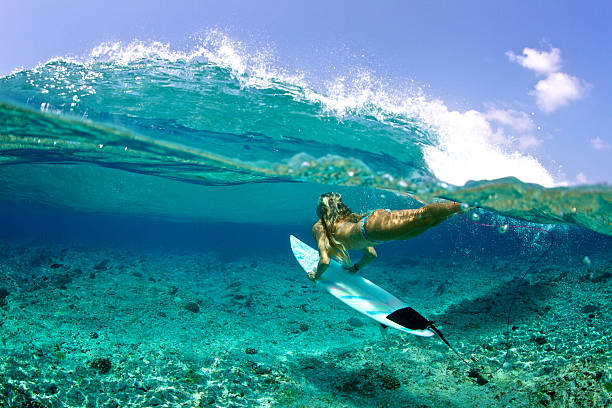 istock Over under of girl duckdive an oncoming wave 509541378