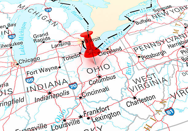 Ohio Map Red Thumbtack Over Ohio State USA Map. 3D rendering ohio stock pictures, royalty-free photos & images