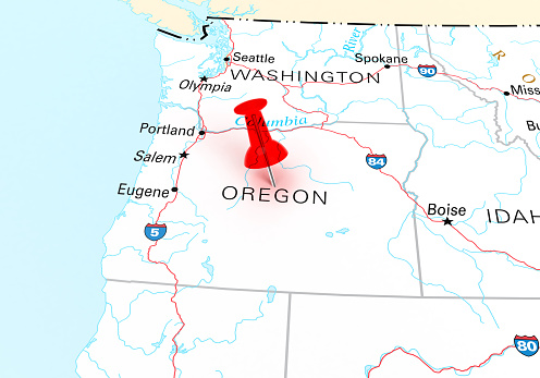 Red Thumbtack Over Oregon State USA Map. 3D rendering