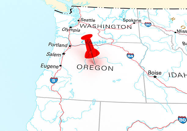 Oregon Map Red Thumbtack Over Oregon State USA Map. 3D rendering oregon us state stock pictures, royalty-free photos & images