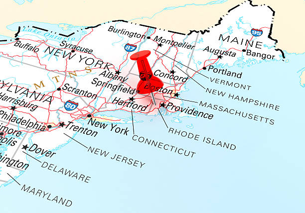 Rhode Island Map Red Thumbtack Over Rhode Island State USA Map. 3D rendering providence rhode island stock pictures, royalty-free photos & images