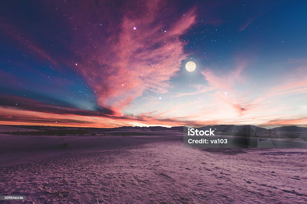 Moon gazing Sunset in New Mexico Desert Area Stock Photo