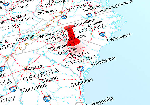 South Carolina Map Red Thumbtack Over South Carolina State USA Map. 3D rendering north carolina us state stock pictures, royalty-free photos & images
