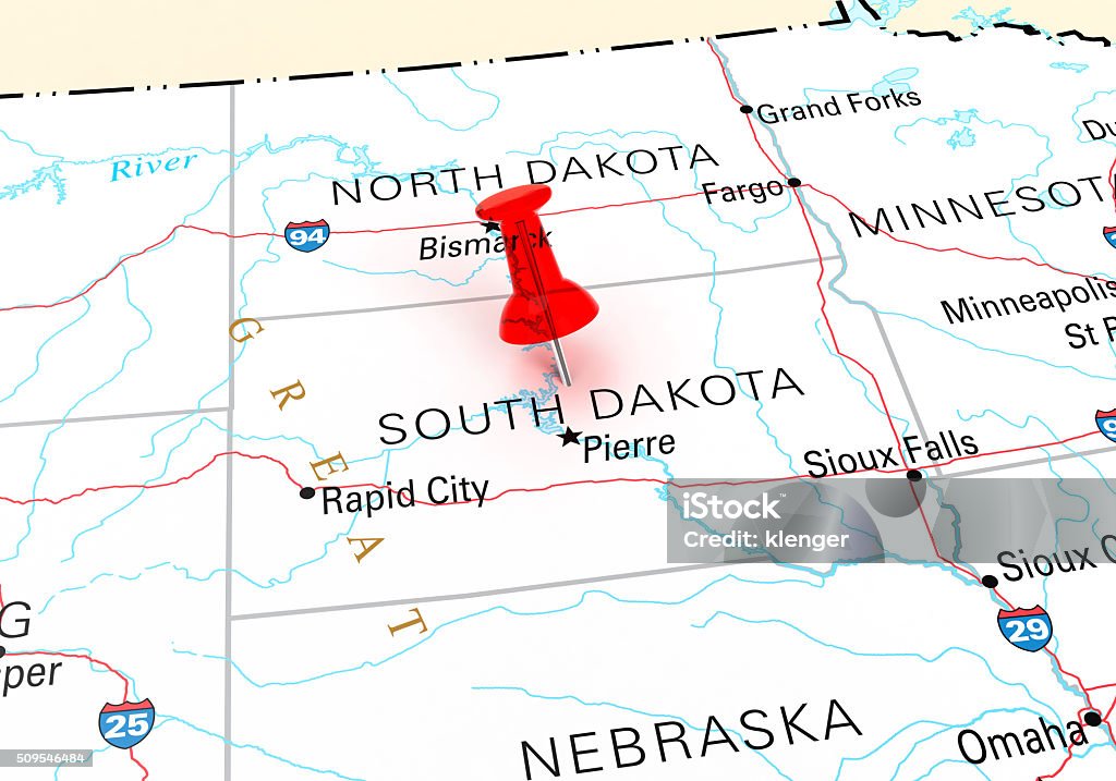South Dakota Map Red Thumbtack Over South Dakota State USA Map. 3D rendering South Dakota Stock Photo