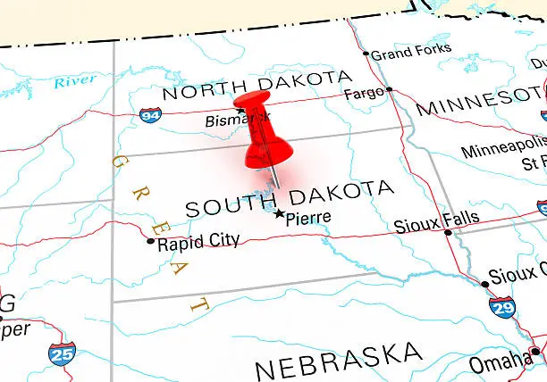 Red Thumbtack Over South Dakota State USA Map. 3D rendering