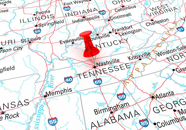Tennessee Map Red Thumbtack Over Tennessee State USA Map. 3D rendering tennessee map stock pictures, royalty-free photos & images