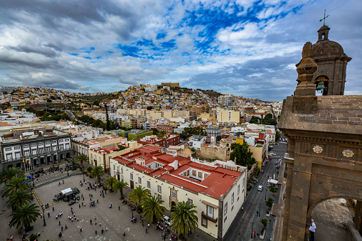 Panoramic view of Las Palmas de Gran Canaria on a cloudy day, view from the Cathedral of Santa Ana, including the city hall and main square of Vegueta district.