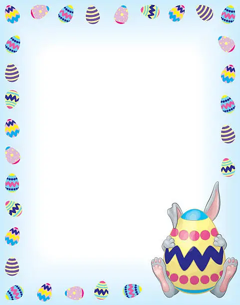 Vector illustration of Timid Gray Bunny on Blue with an Easter Egg Boarder