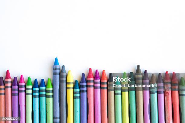 Crayons Lined Up Isolated On White Background Stock Photo - Download Image Now - Crayon, White Background, School Supplies