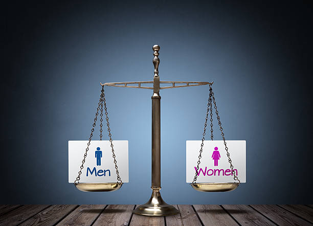 Gender equality Equality between man and woman concept with beam scales and sign wages photos stock pictures, royalty-free photos & images