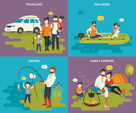 Family with kids concept flat icons set of travelling by car, father and son are going exploring using the inflatable boat, fishing with dad and resting near a tent with a pot on the fire