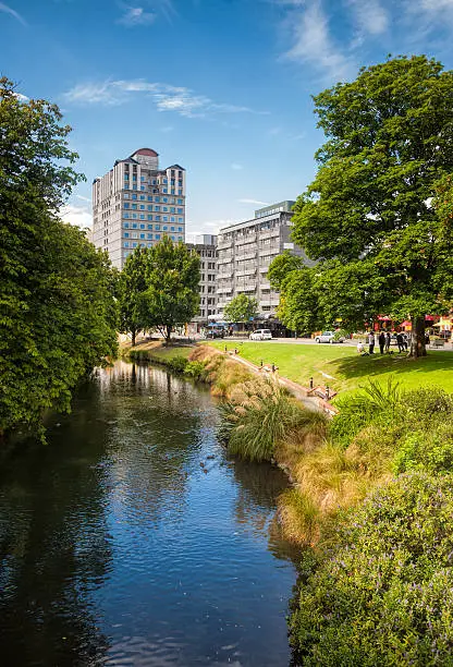 View from the Bridge of Remembrance to Oxford Terrace with Avon river and demolished in 2013  Clarendon Tower in Christchurch Central, South Island New Zealand
