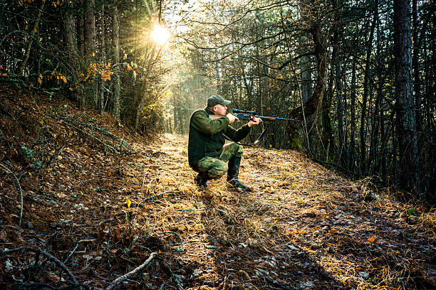 Hunter is crouching and aiming with rifle in the woods. Sunlight is breaching through the trees in the background.