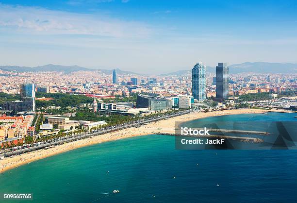Aerial View Of Barcelona From Mediterranean Stock Photo - Download Image Now - Aerial View, Architecture, Barcelona - Spain