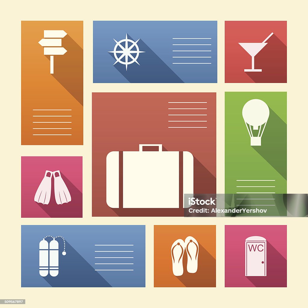 Colored vector icons for vacation with place for text Square colored vector icons with white silhouette symbols for vacation and place for your text. Airplane stock vector