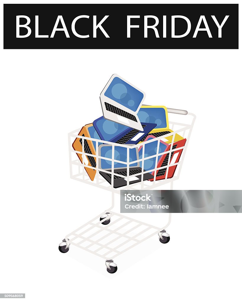 Laptop Computer in Black Friday Shopping Cart A Shopping Cart Full with Laptop Computer or Computer Notebook in Black Friday Shopping Season and Biggest Discount Promotion in A Year. Basket stock vector