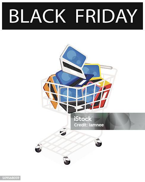 Laptop Computer In Black Friday Shopping Cart Stock Illustration - Download Image Now - Basket, Black Friday - Shopping Event, Business