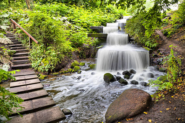Motion of a waterfall on a stone in beautiful nature, multi-level flow of the slope, spray and the beauty of the stream, clean fresh in the forest