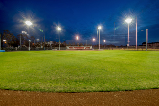 Softball field, shot from the warning track in center field.