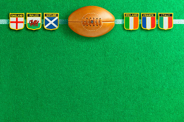 Rugby Football Six Nations The Six Nations Rugby Tournament is an annually contested rugby union competition involving six European teams, England, Ireland, Scotland, Wales, France and Italy, as depicted by the 6 National Flag badges on a grass pitch background.  Good copy space. alba italy photos stock pictures, royalty-free photos & images