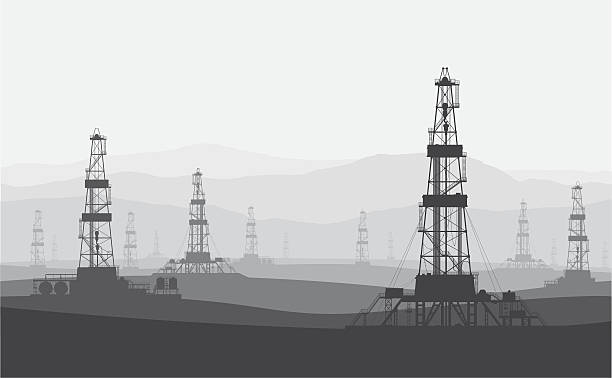 масло оснастки в целом oilfield над горным хребтом. - oil industry oil rig mining oil stock illustrations