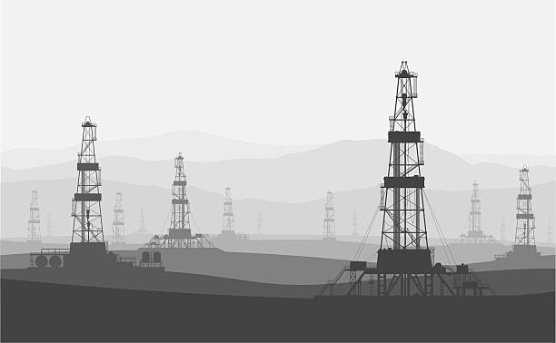 Oil rigs at large oilfield over mountain range. Oil rigs at large oilfield over mountain range. Detailed vector illustration. oil industry stock illustrations