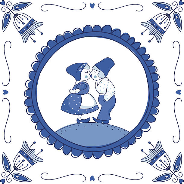 Holandês Delft blue Azulejo com um casal a Beijar - ilustração de arte vetorial