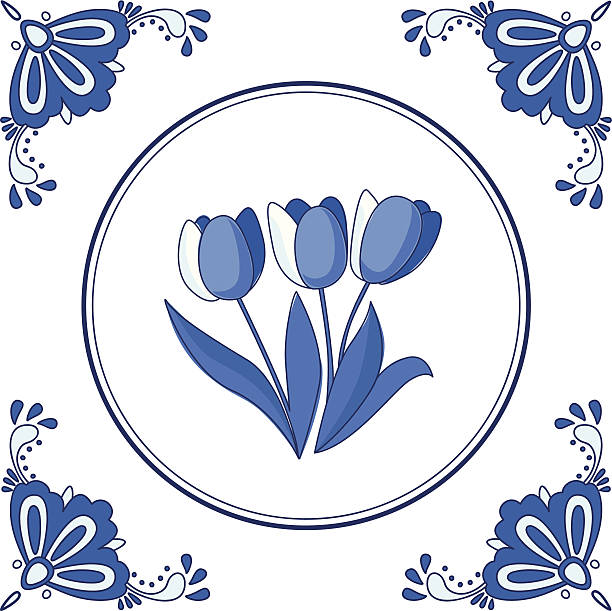 ilustraciones, imágenes clip art, dibujos animados e iconos de stock de dutch hyacinthus orientalis delft blue azulejos con tulipanes - delftware