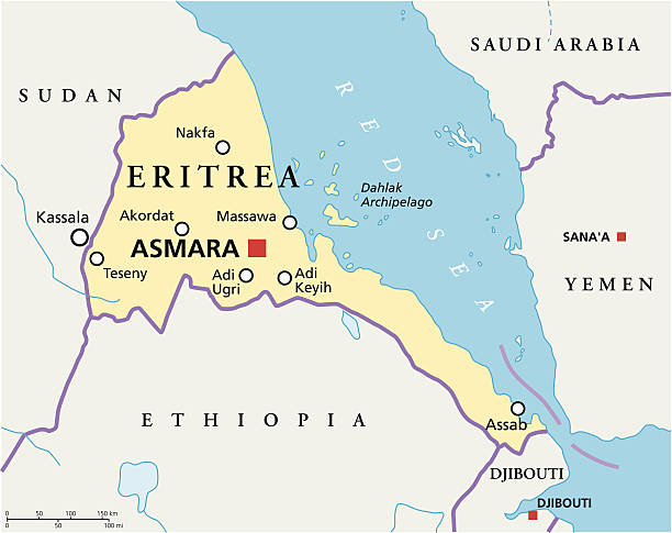 Eritrea Political Map Eritrea Political Map with capital Asmara, national borders, most important cities, rivers and lakes. Illustration with English labeling and scaling. eritrea stock illustrations