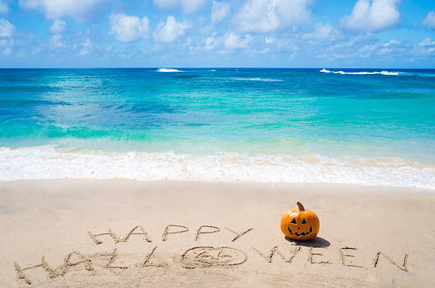 Sign "Happy Halloween" with pumpkin stock photo