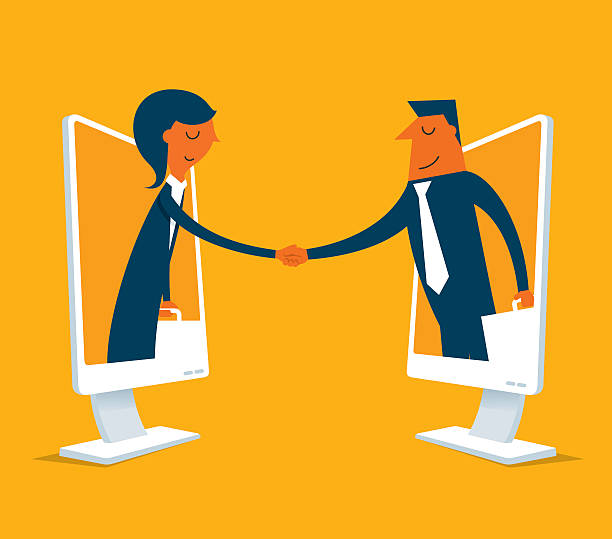 ilustraciones, imágenes clip art, dibujos animados e iconos de stock de comunicación - businessman two people business person handshake