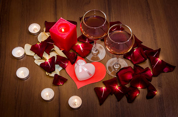 istock Candles, Red Roses Petals and Wine - Valentines Day Concept 509610694
