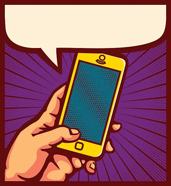 Vector illustration of Pop art hand using smartphone comic book vector illustration