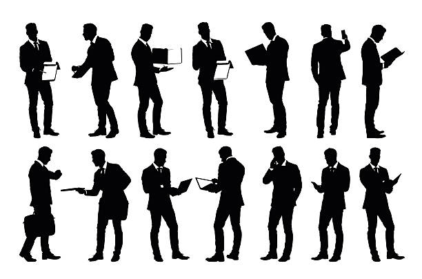 Set of detailed businessman silhouettes using holding various business objects Set of detailed businessman in suit silhouettes using holding various business objects. Easy editable layered vector illustration person presenting silhouette stock illustrations