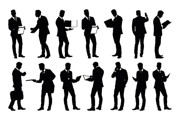 person presenting clipart Set of detailed businessman silhouettes using holding various business objects Set of detailed businessman in suit silhouettes using holding various business objects. Easy editable layered vector illustration person presenting silhouette stock illustrations