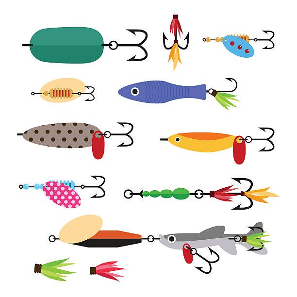 Fishing lure vector set. Fishing tools illustration. Fishing lure vector set. Fishing tools illustration. Fishing hook vector set. Fishing symbols. Fishing vector icon. fishing bait illustrations stock illustrations
