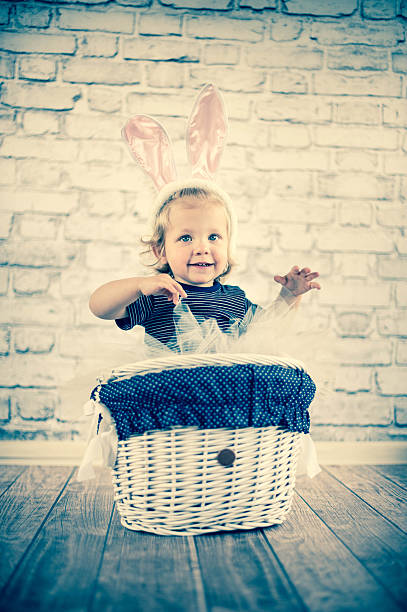 istock Cute baby bunny in the basket 509612461